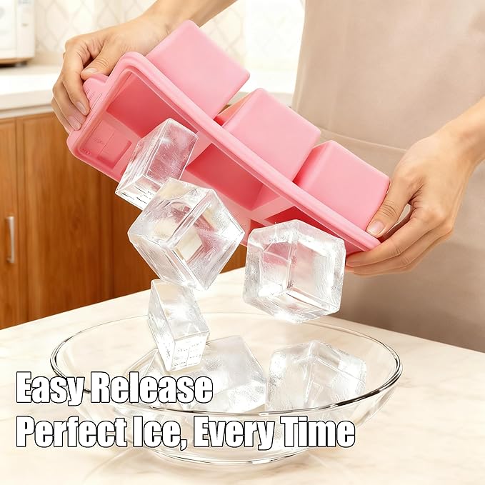 Silicone Ice Cube Tray with Lid 8-Cavity Reinforced Steel Frame Ice Cube Trays Easy Release BPA-Free Makes 3 Large Square & 5 Small Rectangular Ice Trays for Cocktails Whiskey Coffee,Pink