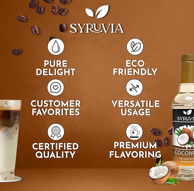 Syruvia Coffee Syrup, Coconut Flavored Syrup for Drinks, Lattes, and Desserts – 25.4 fl oz