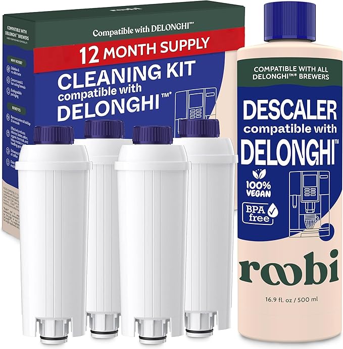 Roobi DeLonghi Compatible Cleaning Descaling Kit. Includes 1 Bottle of Descaling Solution and 4 DeLonghi Filters. Carbon Neutral DeLonghi Cleaner Descaler Kit. 1 Year Supply.