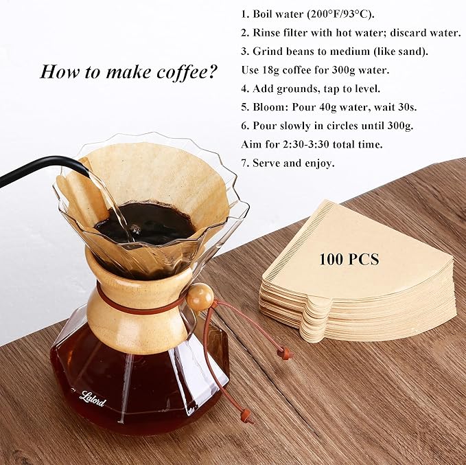 Pour Over Coffee Maker, 19 oz Borosilicate Glass Coffee Carafe with 100 PCS Paper Filter, Wooden Collar & Cowhide rope, Glass Coffee dripper (Clear, 550 ml)