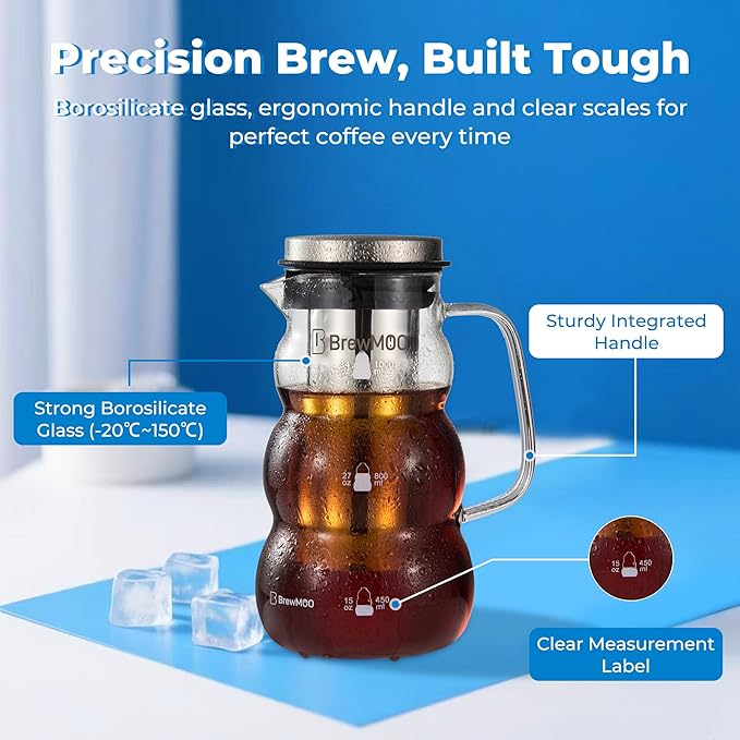 Cold Brew Coffee Pitcher (1.0L/34oz) - Elegant Sleek Wave Borosilicate Glass Pitcher with 100um 304 Stainless Steel Filter & Airtight Lid, Efforless Mannual for Beginner, Sophisticated Gift
