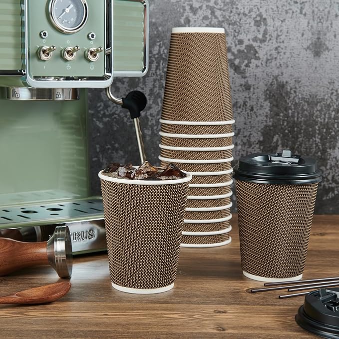 LITOPAK 80 Pack 12 oz Paper Coffee Cups, Insulated Ripple Wall Hot Coffee Cups with Lid and Straws, Brown Three Layer Insulated Hot Beverage Cups for Parties, Picnic, and Travel