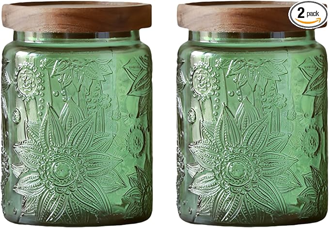 Set of 2 Vintage Glass Jars, Green Glass Storage Jars with Solid Wood Lids (23.7 oz) for Kitchen, Pantry, Candy, Flour, Oatmeal, Coffee Beans, Pet Food, Laundry Detergent, Cute Jar (Green, 2 Pack)