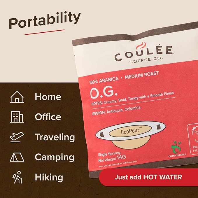 Coulée EcoPour O.G. Coffee, All Paper Single Serve Colombian Coffee, Medium Roast, Use for Camping or Traveling, Pre Filled Compostable Filters, Ready to Brew with Hot Water, Plastic Free, 20 Pack