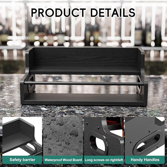 KLM Liquor Bottle Display Shelf, Coffee Syrup Rack Organizer, 2 Step Countertop Liquor Wine Rack, Mini bar,Liquor Cabinet, Home Retro Bar Shelf Stand for Liquor Whiskey, Spirits, (Black)