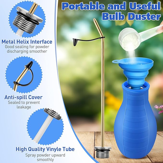 Diatomaceous Earth Powder Duster, Garden Powder Applicator Dispenser with Long Metal Tube, Bulb Duster Sprayer Insect Duster for Home Powder for Organic Gardening Agricultural Supply 2 Pack (Blue)