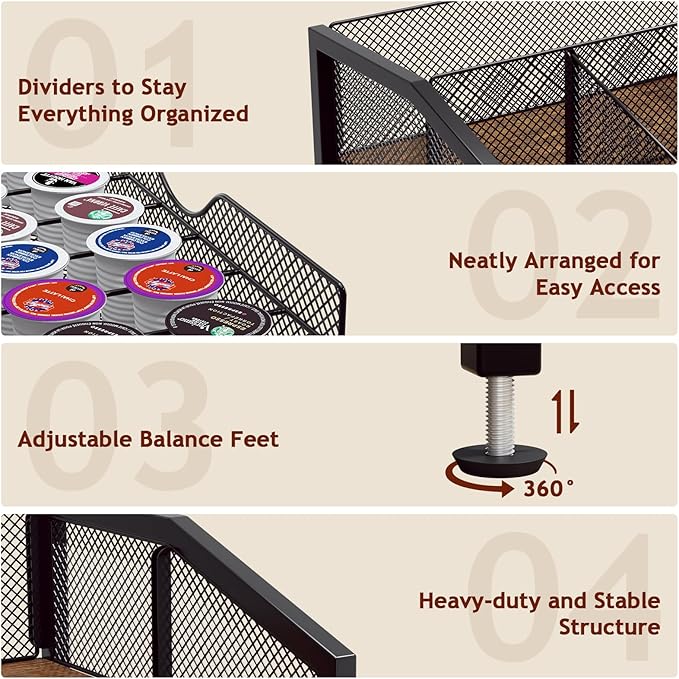 Coffee Bar Organizer - Coffee Station for Countertop, Metal and Wood K Cup holder Storage Basket with Drawer for Syrup, Cups, Stirrer, Condiment, Tea Organizer, Brown