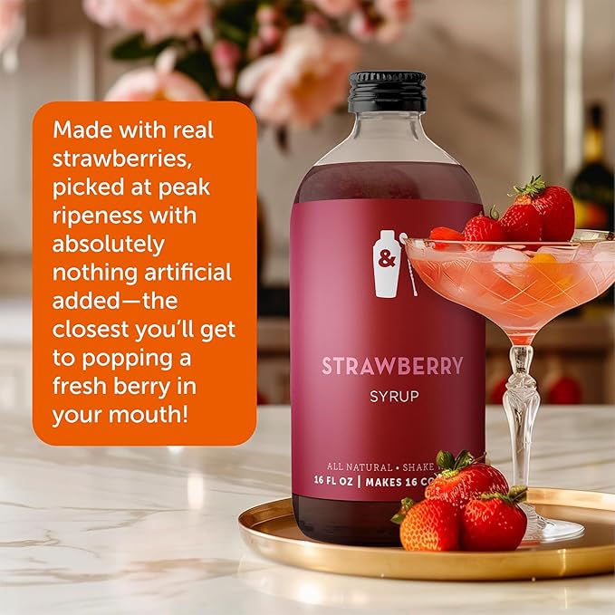 Shaker & Spoon Strawberry Syrup, 16oz Cocktail Syrup for Craft Cocktails, Mocktails, Non Alcoholic Drinks, Cocktail Mixers, Strawberry Lemonade, Soda Syrups