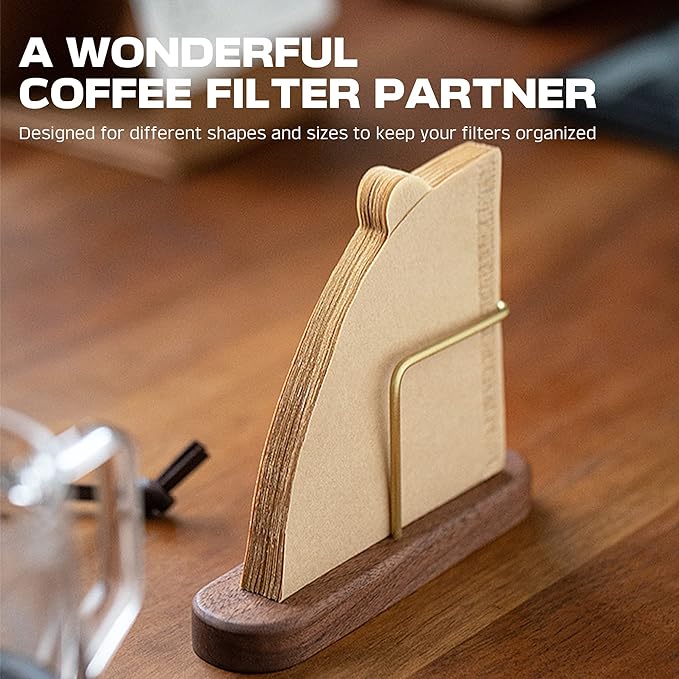 Coffee Filter Holder Storage, Wood & Brass Rack Coffee Filter Container for Coffee Bar/Home/Office, Compatible with #1/#2/#4/V60 Coffee Filter