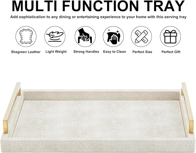 Ivory Shagreen Decorative Tray Large Rectangle Coffee Table Tray for Ottoman Faux Leather Serving Tray with Brushed Gold Handles