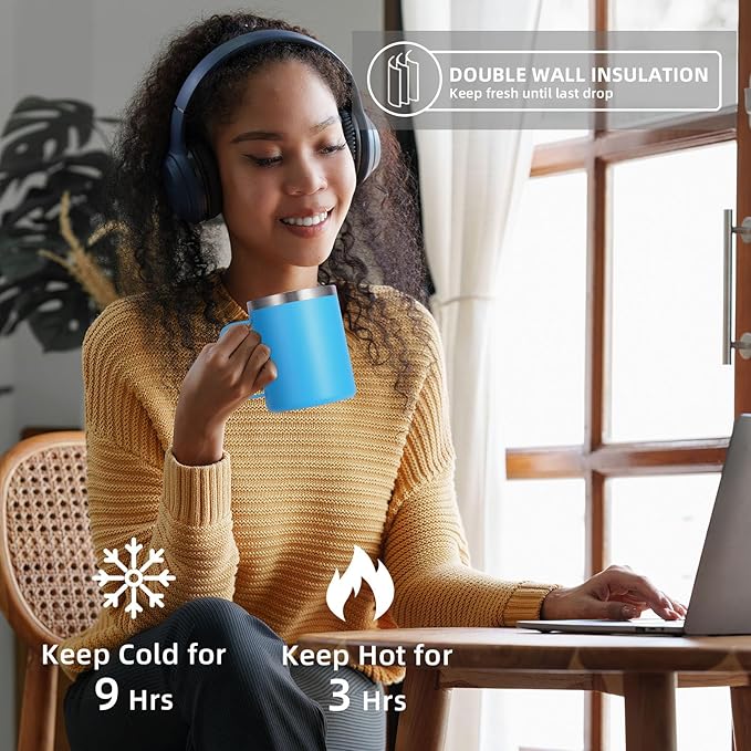 Volhoply 12oz Insulated Leakproof Coffee Mug with Flip & Straw Lid Bulk 4 Pack,Double Wall Vacuum Stainless Steel Travel Tumbler Cup with Handle,Camping Mugs Keep Cold/Hot(Blue,4 Set)