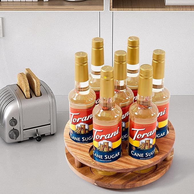 Acacia Wood Rotating Syrup Organizer, 7 Bottle Syrup Rack, Coffee Station Organizer with Large Base and Anti-Slip Pads