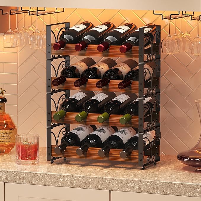 X-cosrack Wine Rack Freestanding Floor with Patent Design, Wooden & Metal Wine Bottle Holder, 4 Tier 16 Bottles Stackable Wine Storage Racks for Kitchen Counter or Bar, Wine Display Shelf