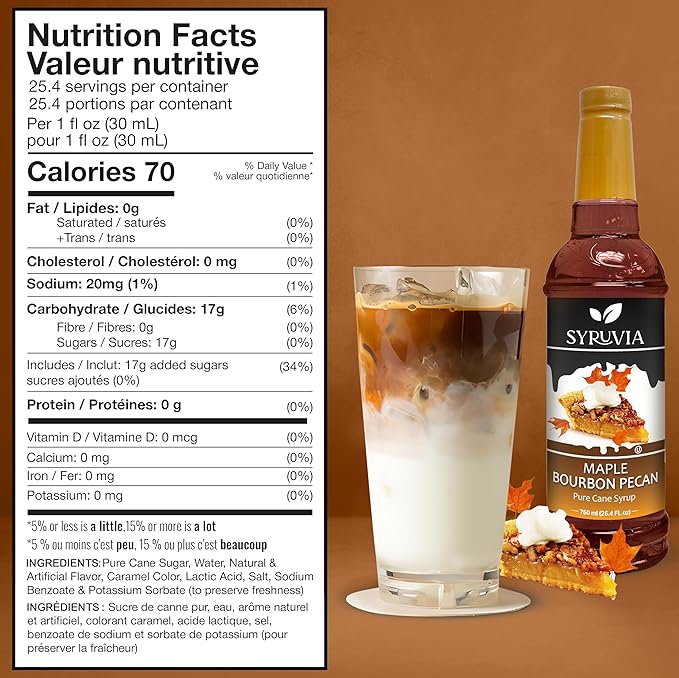 Syruvia Coffee Syrup, Maple Bourbon Pecan Flavored Syrup for Drinks, Lattes, and Desserts – 25.4 fl oz