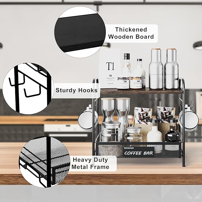 Coffee Bar Organizer for Countertop Station, Simple Assembly 2 Tier Shelf for Home,Office, Coffee Cup Holder Storage Organization for Counter Accessory Storage Rack with 4 Hooks Space-Saving