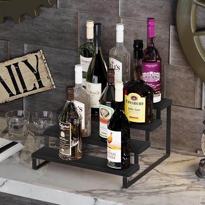 YINMIT Wooden Display Riser Stand, Tiered Perfume and Cologne Organizer Stand, 4 Tier Spice Rack Organizer, Rustic Display Shelf for Candles (4 Tier,Black)