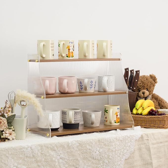 Coffee Mug Holder Wooden Cup Station Organizer 3 Tier Cup Holder for Coffee Bar Mug Display Rack for Countertop Mug Holder Shelf for Home Kitchen Trapezium-Nutbrown