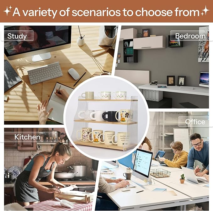 Coffee Mug Holder Wooden Cup Rack,3-Tier Acrylic Home Coffee Mug Display Rack for Kitchen Countertops, Coffee Bars, for Placing Mugs, Coffee Beans, Syrup, Cups, Stirrers ﻿