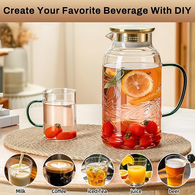 Glass Pitcher with Lid and Handle, 2 PACK 68 oz/2 Liter Vintage Butterfly Design Fridge Water Pitcher, Borosilicate Glass Water Carafe for Hot/Cold Water,Coffee,Iced Sun Tea,Heat Resistant