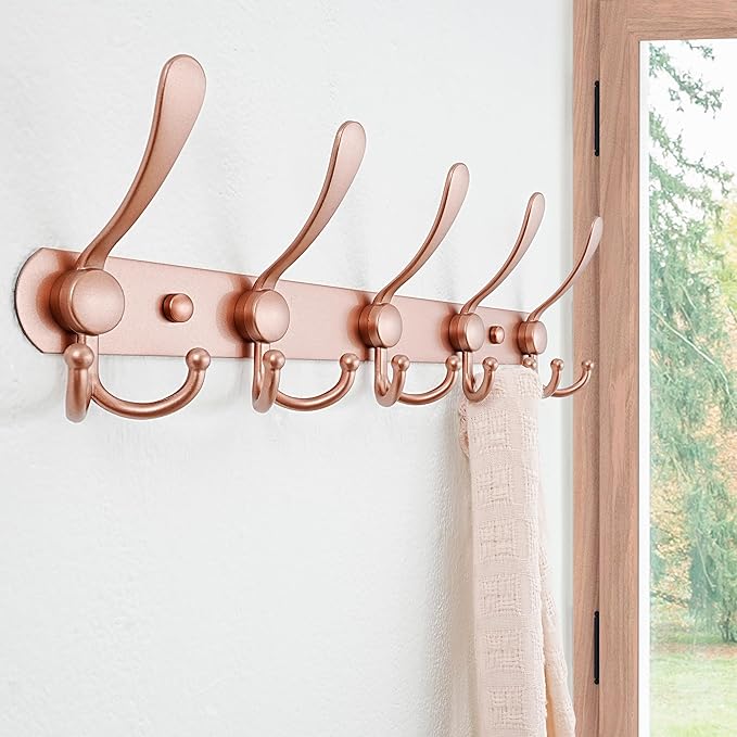 Dseap Coat Rack Wall Mounted - 5 Tri Hooks, Heavy Duty, Stainless Steel, Metal Coat Hook Rail for Coat Hat Towel Purse Robes Mudroom Bathroom Entryway, Rose Gold