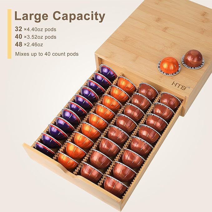 HTB Coffee Pods Storage Drawer for Organizing Nespresso Capsules, Can Be Used In Coffee Station, Kitchen, Home, Office, Holds 40 CoffeePods