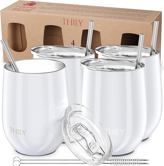 THILY Stainless Steel Insulated Wine Tumbler 4 Pack Stemless Wine Glasses with Splash-proof Lids, Metal Straws, Keep Cold for Coffee, Drinks, Christmas Gifts, Pearl White