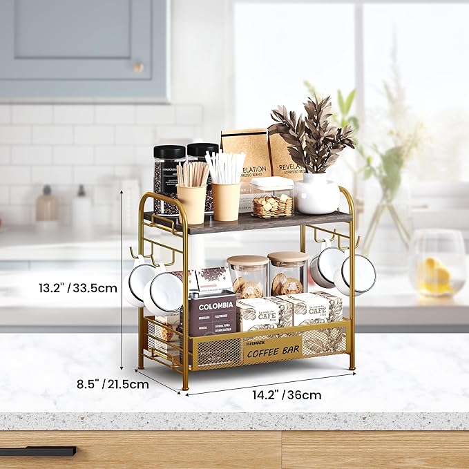 Coffee Bar Organizer for Countertop Station, Simple Assembly 2 Tier Shelf for Home,Office, Coffee Cup Holder Storage Organization for Counter Accessory Storage Rack with 4 Hooks Space-Saving