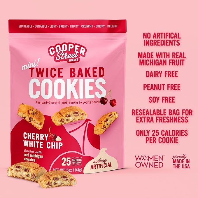 COOPER STREET Twice Baked Cherry White Chip Biscotti Cookies - Crispy Mini Biscotti Cookies Ideal with Coffee - Traditional Low Calorie Italian Snacks - Kosher, Dairy, Peanut & Soy Free (6 Pack)