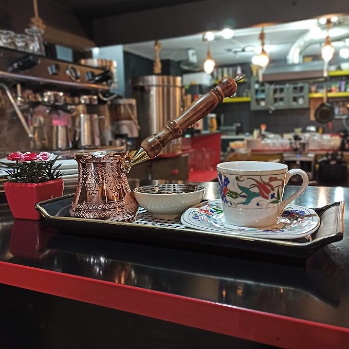 PCZ Series (Small-6 fl.oz) - Thickest Solid Copper Engraved/Stamped Turkish Greek Arabic Coffee Pot with Wooden Handle, Stovetop Coffee Maker Cezve Jezve Jazva Jazzve Ibrik Briki (Shiny)
