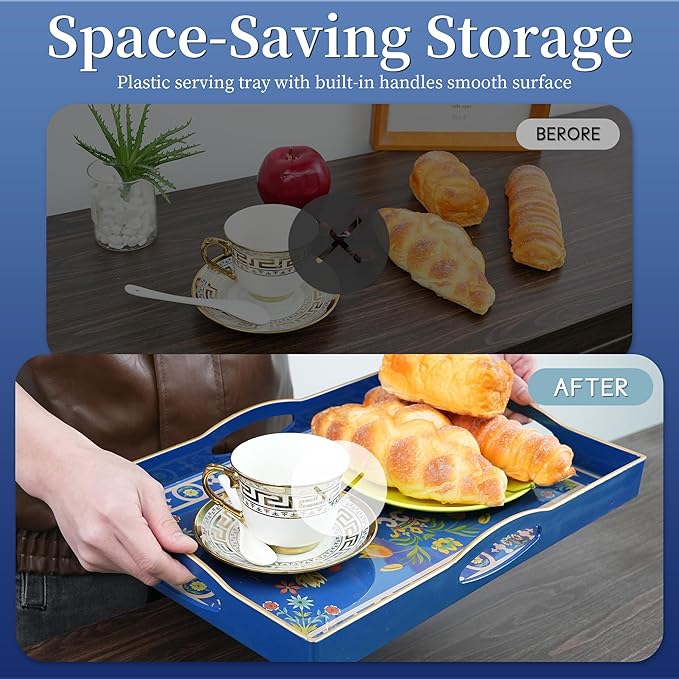 Gifturbo Blue Decorative Tray with Four Handles, Versatile Serving Tray for Coffee Table, Ottoman, Ideal for Serving, Displaying, Organizing,Home Decor