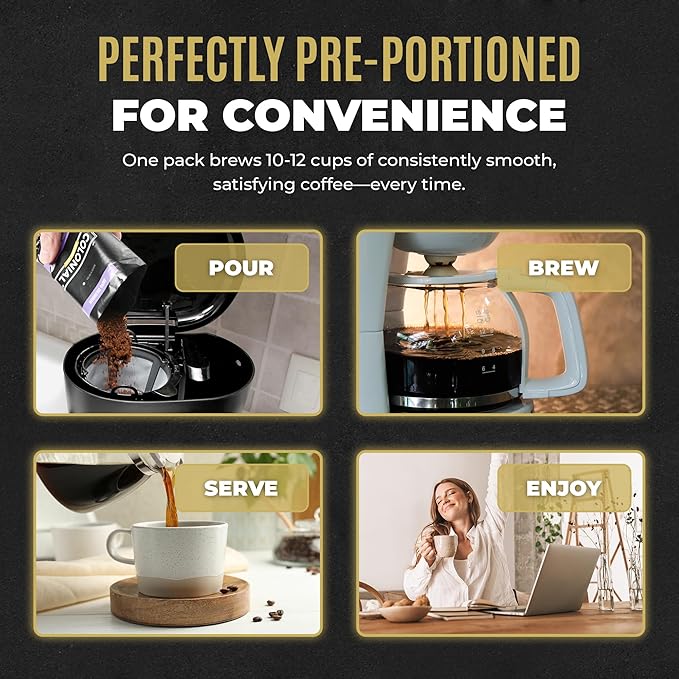 Colonial Coffee 32 Count Single Pot Coffee Packets – 100% Arabica Colombian Medium Roast | Pre-Measured Frac Packs for 12 Cup Maker | Bulk Ground Gourmet Coffee for Home & Office