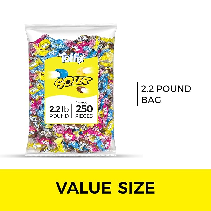 Toffix Sour Chews, Center-Filled Soft Chewy Candy, 250 Pieces of Individually Wrapped Snacks for Kids & Adult, Strawberry, Blueberry, Lemon & Cola Flavored Chewy Candies - 2 Pound Bulk Bag - Pack of 8