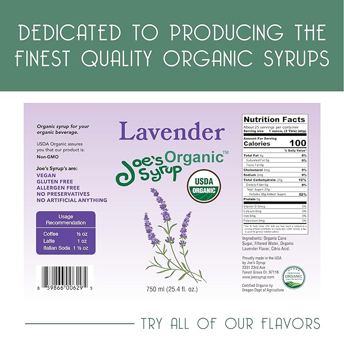 Joe's Syrup Organic Flavored Syrup, Organic Lavender, 750 ml, 25.4 Fl Oz (Pack of 1)