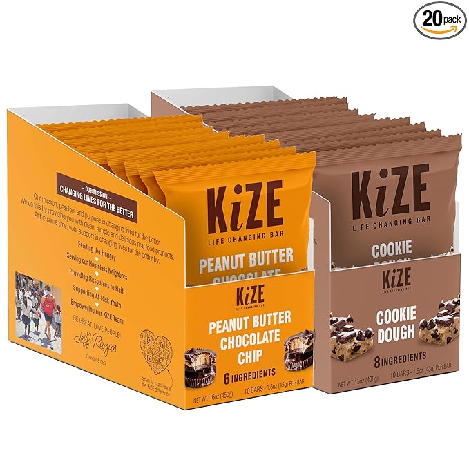 KiZE Energy Bars - Peanut Butter Chocolate Chip & Cookie Dough Bundle - 20-Count - Gluten Free, Dairy Free Options, Non-GMO, and High Protein Meal Replacement Energy Bars, Clean and Simple Food Ingredients - 10g High Protein Snacks (20 Count)