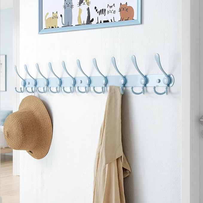 Dseap Coat Rack Wall Mount - 38” Long 10-Tri-Hooks Heavy Duty Coat Hanger Rail Wall Hooks for Hanging Coats Hats Clothing Clothes Purse Mudroom Entryway, Blue, Pack of 2