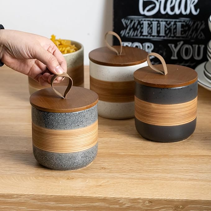 Small Ceramic Jar with Lid, Coffee Container, Coffee Canisters with Airtight Lids Kitchen Food Storage Jars for Spice Sugar Tea Bag, Mini Decorative Jars for Countertop, Grey & 5 fl.oz