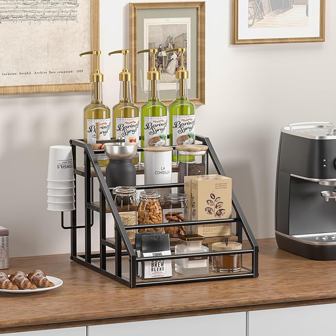 Coffee Syrup Rack Organizer, 4 Tier Countertop Storage Shelves, Kitchen Storage, 16 Syrup Bottle Stand Holder for Wine, Liquor, Kitchen Coffee Station Organizer Rack, 13.8"x16.9"x13.0", Rustic Brown