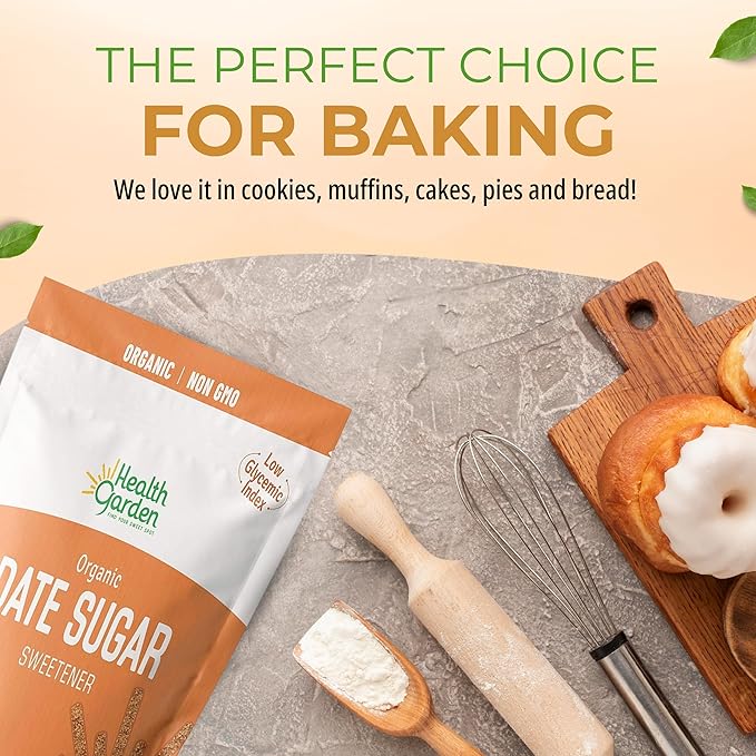 Health Garden Date Sugar (16 OZ), Organic Date Sugar Sweetener, All-Natural Dried Ground Dates, Rich in Vitamins and Minerals, No Gluten, Non-GMO, Low Glycemic Sugar Substitute (1 LB pack of 1)