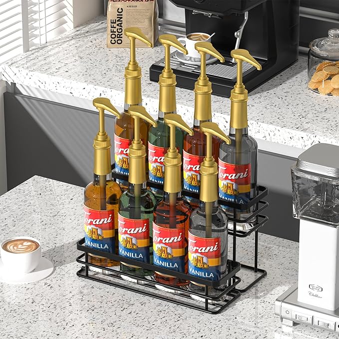 8 Bottle Coffee Syrup Organizer Rack, 2 Tier Coffee Syrup Stand Holder for Coffee Bar, Coffee Syrup Organizer for Countertop, Small Wine Rack for Family, Storage for Syrup, Dressing, Black
