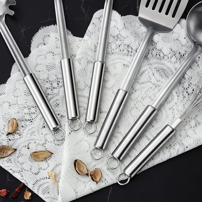 6-Piece Kitchen Cooking Utensils Set, Stainless Steel Kitchen Utensils with Suspendable Handle, Spatula, Slotted Turner, Soup Ladle, Slotted Spoon, Whisk, Pasta Server, Dishwasher Safe