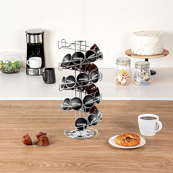 Restaurantware Restpresso 7.1 x 16.1 Inch Coffee Capsule Holder, 1 Durable Pod Carousel - Holds 35-50 K-Cups, 360-Degree Rotatable, Stainless Steel Espresso Pod Organizer, 3 Tier, Pods Not Included