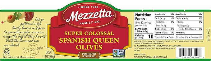 Mezzetta Pimiento Stuffed Spanish Queen Green Olives - Garnish for Martinis - Super Colossal Fruits - Firm Texture, Slightly Salty Flavor - Ideal for Snacks & Cheese Platters - 10 Oz Jar - Pack of 6