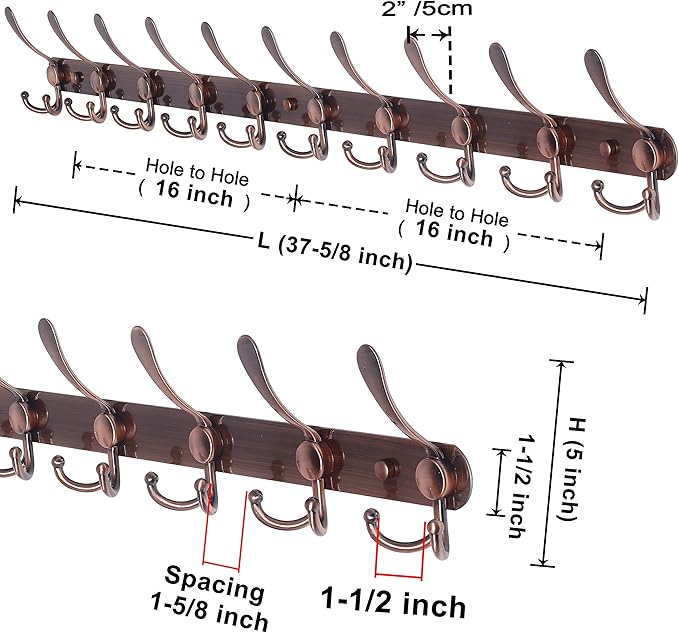 Dseap Coat Rack Wall Mount - 38” Long 10-Tri-Hooks Heavy Duty Coat Hanger Rail Wall Hooks for Hanging Coats Hats Clothing Clothes Purse Mudroom Entryway, Antique Copper
