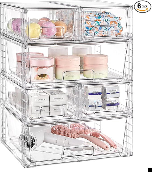 Vtopmart Clear Stackable Storage Drawers Set of 6, Easily Assemble Acrylic Bathroom Undersink Organizers,Plastic Storage Bins for Closet,Cabinet,Pantry,Medicine Organization