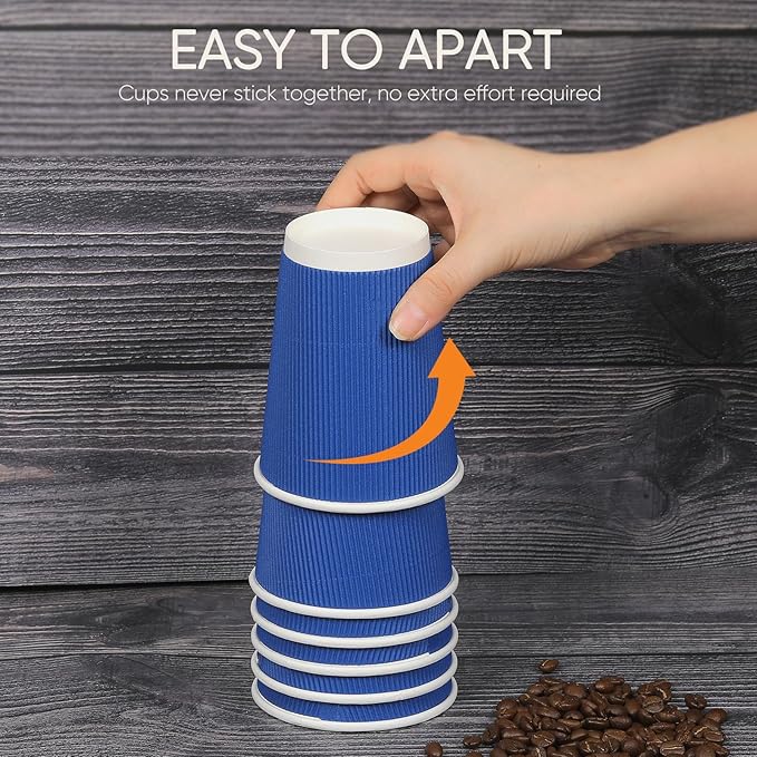 100 Pack 12 oz Disposable Coffee Cups with Lids and Straws, Insulated Ripple Wall To Go Paper Corrugated Cups, Bulk for Hot/Cold Drinks, Cafe Bar, Office, Chocolate, Cocoa (Navy)