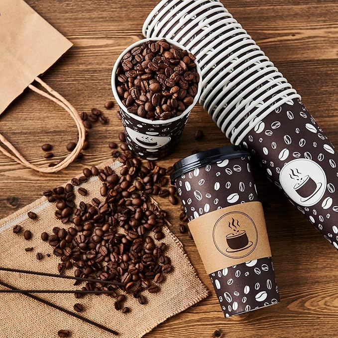 JOLLY PARTY Disposable Coffee Cups with Lids, Sleeves and Straws - 20oz(50 Pack) Paper Cups with Lids, Hot Coffee Cups for Shops, Cafes, and Concession Stands(Dark Brown)