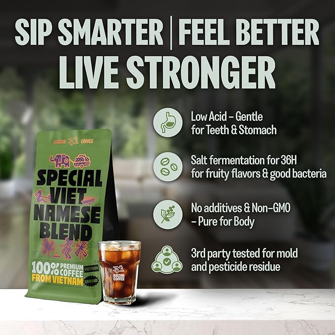 BAZAN COFFEE – Special Vietnamese Blend, Robusta & Arabica, Medium Roast Ground Coffee, Fruity Floral & Caramel Notes, Low Acidity, Perfect with Milk or Phin Filter, 12oz Bag