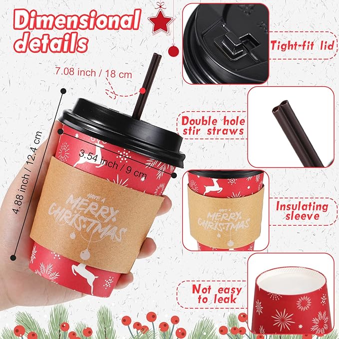Remerry 100 Sets 400 Pcs 12 oz Christmas Disposable Coffee Cups with Lid, Straws and Sleeves Snowflake Reindeer Snowman Paper Cups Xmas Party Supplies for Hot Drink Cold Beverage(Classic Style)