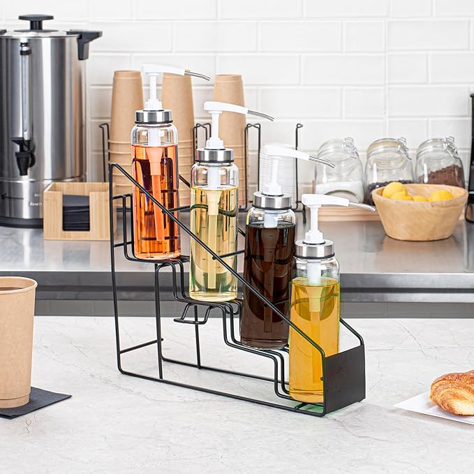 Restaurantware Restpresso 14 x 4 x 12 Inch Coffee Syrup Rack 1 4-Tier Syrup Holder - Wire Design Compact Black Iron Syrup Stand For Retail Displays Coffee Or Liquors