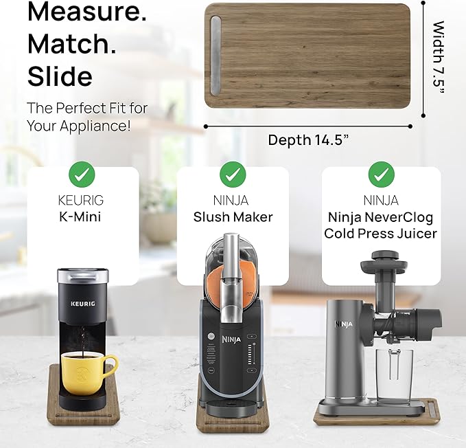 Ibyx Elegant Sliding Tray for Your Coffee Maker & Heavy Kitchen Appliances - Sturdy, Slides Easily from Under The Cabinet (Brown, 7.5”W x 14.5”D)